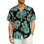 Black & Turquoise Hamsa Hand Button-Up Hawaiian Shirt