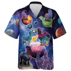 Cosmic Llama Trippy Men's Button-Up Hawaiian Shirt