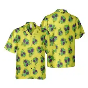 Fun Alien Faces Graphic Button-Up Hawaiian Shirt