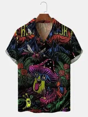 Happy Trip Neon Mushroom Button-Up Hawaiian Shirt