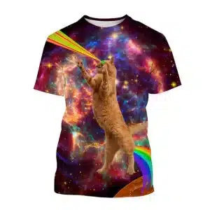 Laser Cat with Rainbow Tail in Galactic Nebula T-Shirt