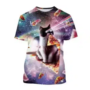 Laser-Eyed Cat on Pizza Galactic Rainbow T-Shirt