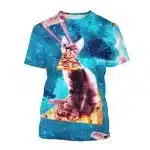 Laser-Eyed Kitten Riding Pizza Aqua Galaxy T-Shirt