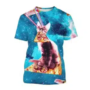 Laser-Eyed Kitten Riding Pizza Aqua Galaxy T-Shirt