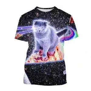 Psychedelic Laser Cat on Cosmic Pizza Galaxy T-Shirt