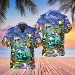 Psychedelic Skull & Mushroom Button-Up Hawaiian Shirt