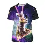 Rainbow Laser Cat Pizza in Galactic Space T-Shirt