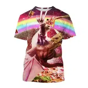 Rainbow Laser Cat Riding Dragon on Pizza Galaxy T-Shirt