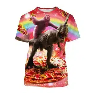 Rainbow Sloth Riding Unicorn T-Rex on Pizza T-Shirt