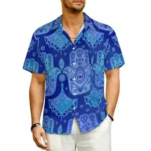 Royal Blue Hamsa Hand Button-Up Hawaiian Shirt