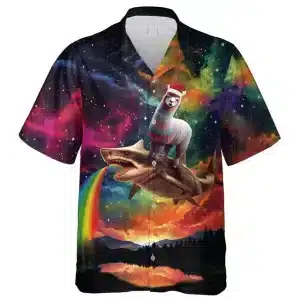 Shark Ride Alpaca Galaxy Button-Up Hawaiian Shirt