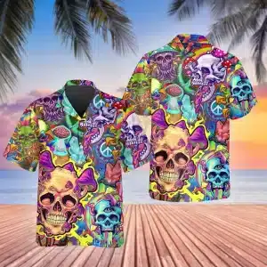 Skull & Trippy Mushroom Button-Up Hawaiian Shirt