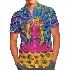 Sunflower Peace Hippie Girl Button-Up Hawaiian Shirt