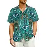 Teal Tribal Eye Trippy Button-Up Hawaiian Shirt