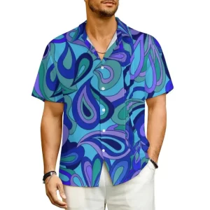 Teardrop Swirl Men's Blue Button-Up Hawaiian Shirt