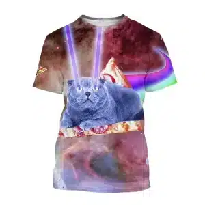 Trippy Laser-Eyed Cat Riding Pizza T-Shirt