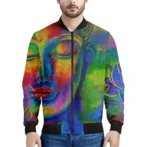 Vibrant Rainbow Buddha Psychedelic Bomber Jacket