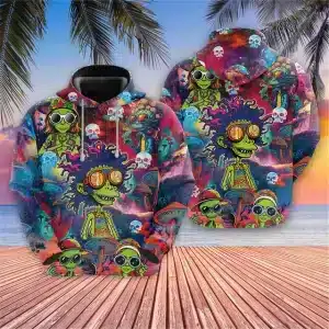 Trippy Alien Rasta Mushroom Design Rave Hoodie