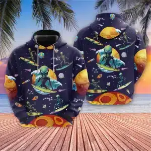 Trippy Alien Surfing the Cosmos Hoodie for Guys