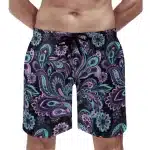 Black & Purple Paisley Floral Men's Beach Shorts