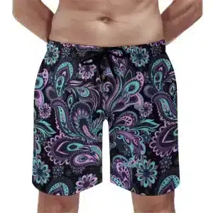 Black & Purple Paisley Floral Men's Beach Shorts