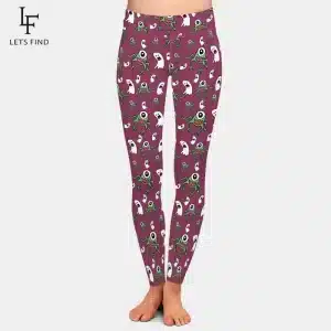 Cute Ghost and Alien Monster Print Burgundy Leggings