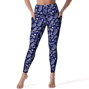 Navy Blue Paisley Print Women's Yoga Leggings