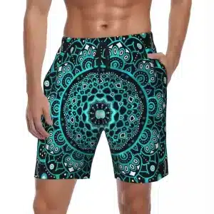 Teal & Black Geometric Mandala Men's Psychedelic Shorts