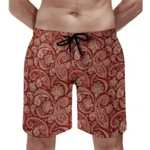 Vintage Red & Gold Paisley Print Men's Beach Shorts