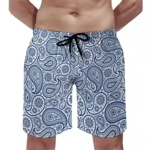 White & Blue Paisley Floral Men's Beach Shorts