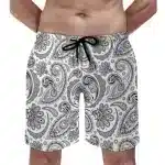 White & Gray Paisley Floral Print Men's Beach Shorts