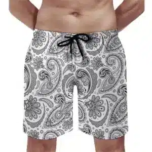 White & Gray Paisley Floral Print Men's Beach Shorts